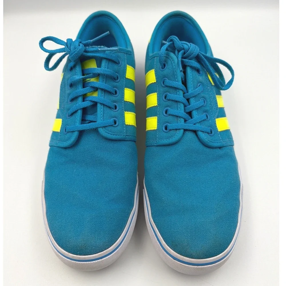 Adidas Seeley Canvas Sneakers Teal Neon Yellow Stripe Low Top Men's Size 11